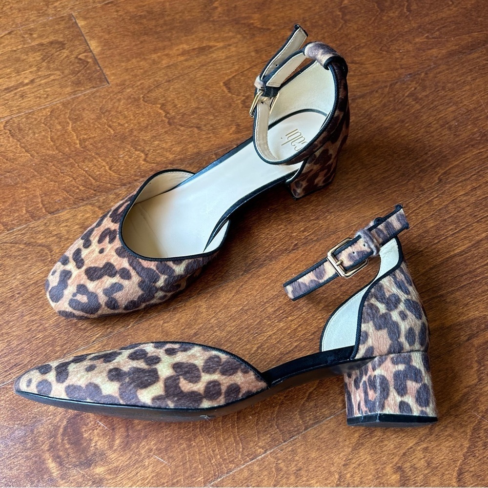 Cabi Kiki Leopard Print Faux Fur Shoes with Ankle Straps and Block Heels, Size 8